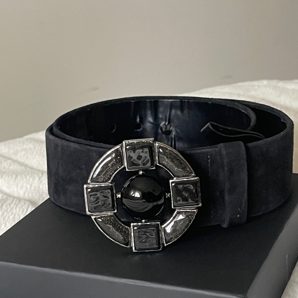 CHANEL Black and Silver Belt with Distinctive Buckle